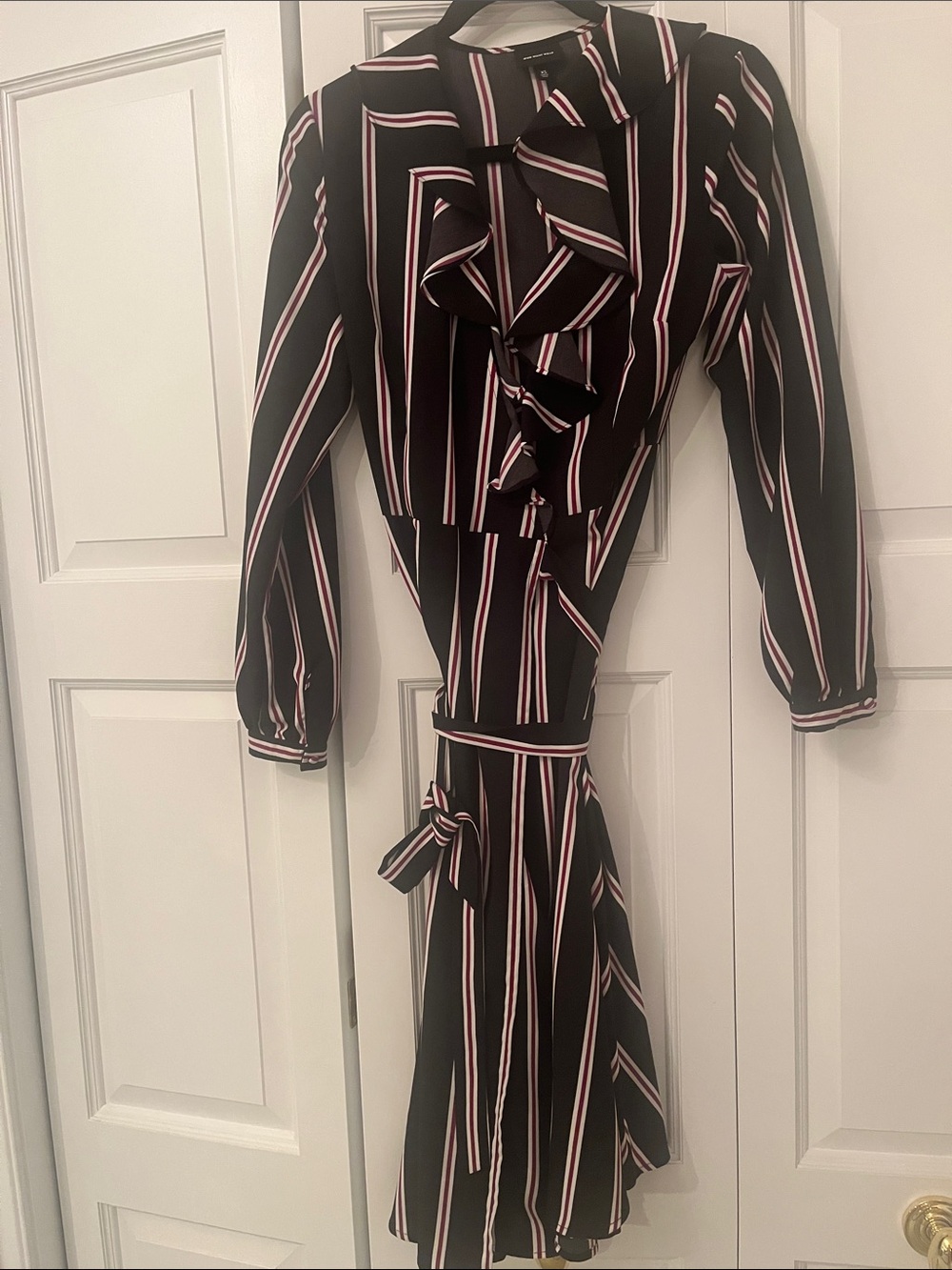 Black Striped Ruffle Wrap Dress with Belt